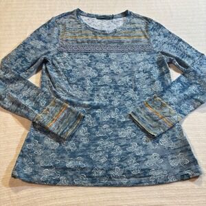 Prana Blue Floral Burnout Long Sleeve Crochet Trim Top W23170316 Womens Small